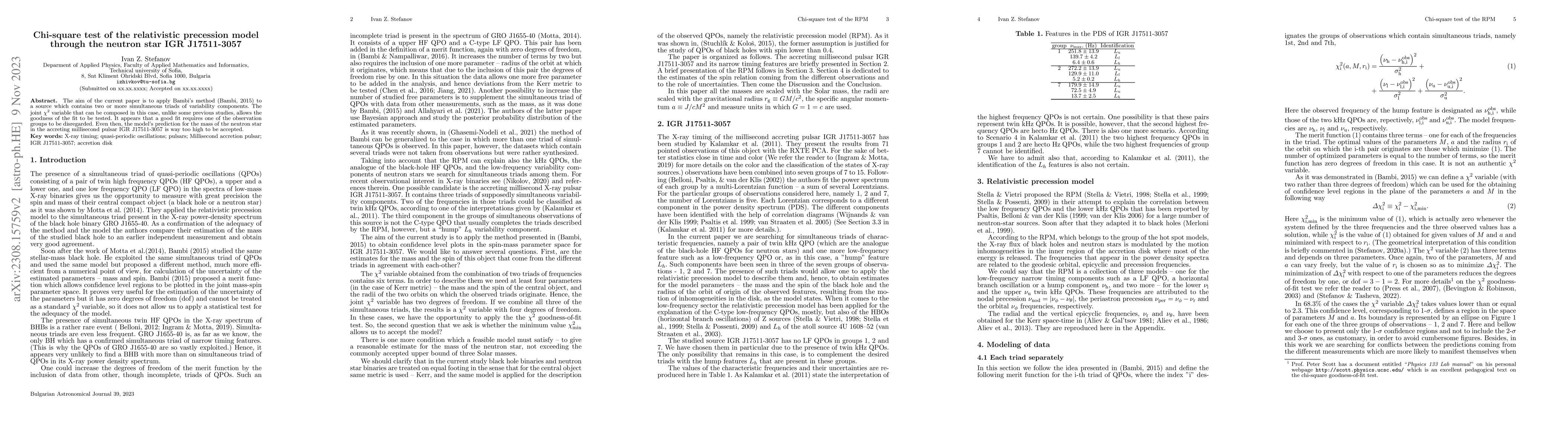 Thumbnail for Chi-square test of the relativistic precession model through the neutron
  star IGR J17511-3057