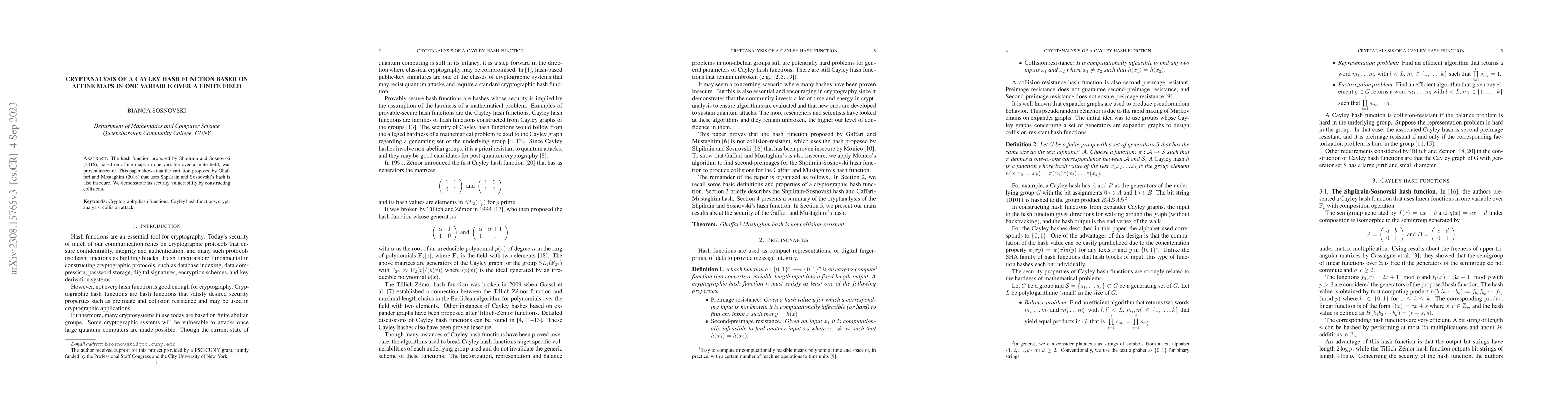 Thumbnail for Cryptanalysis of a Cayley Hash Function Based on Affine Maps in one
  Variable over a Finite Field