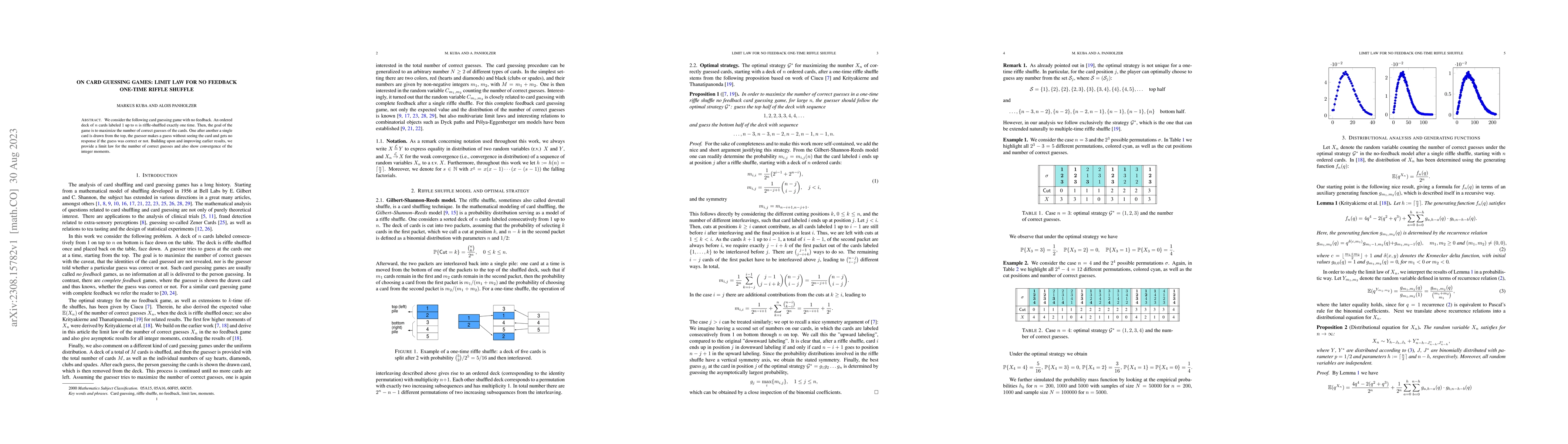 Thumbnail for On Card guessing games: limit law for no feedback one-time riffle
  shuffle