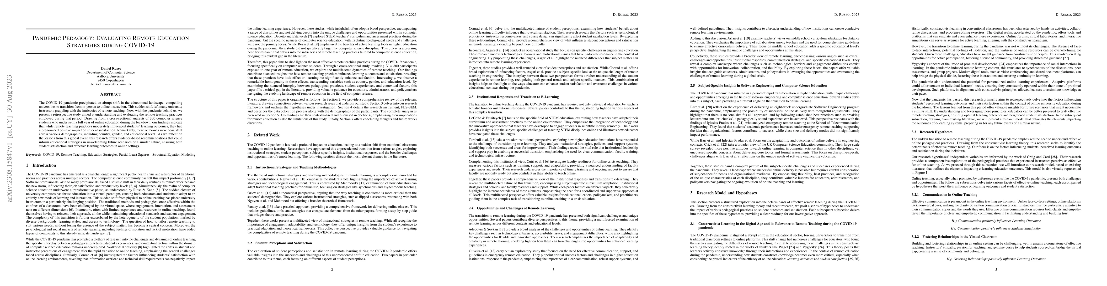 Thumbnail for Pandemic Pedagogy: Evaluating Remote Education Strategies during
  COVID-19
