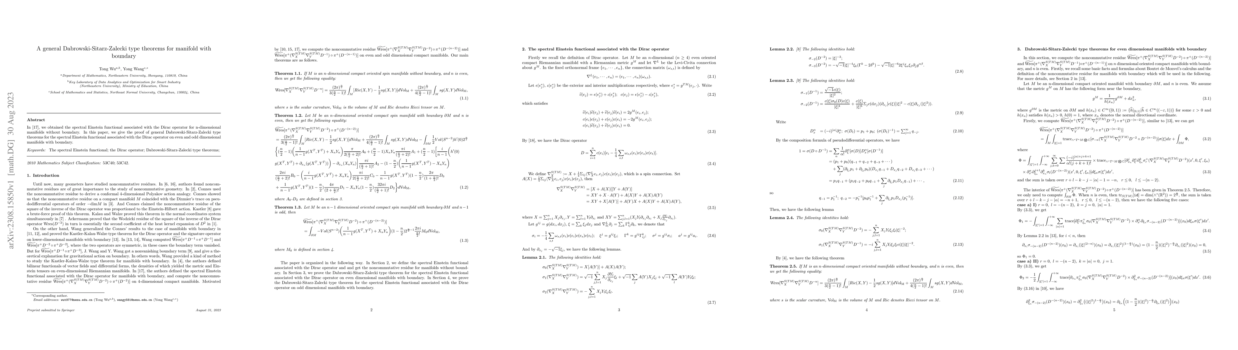 Thumbnail for A general Dabrowski-Sitarz-Zalecki type theorems for manifold with
  boundary