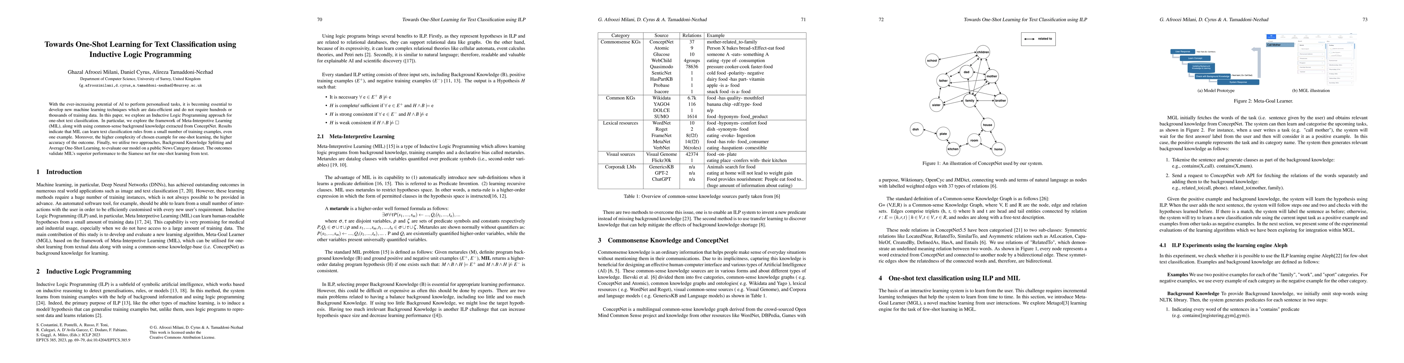 Thumbnail for Towards One-Shot Learning for Text Classification using Inductive Logic
  Programming