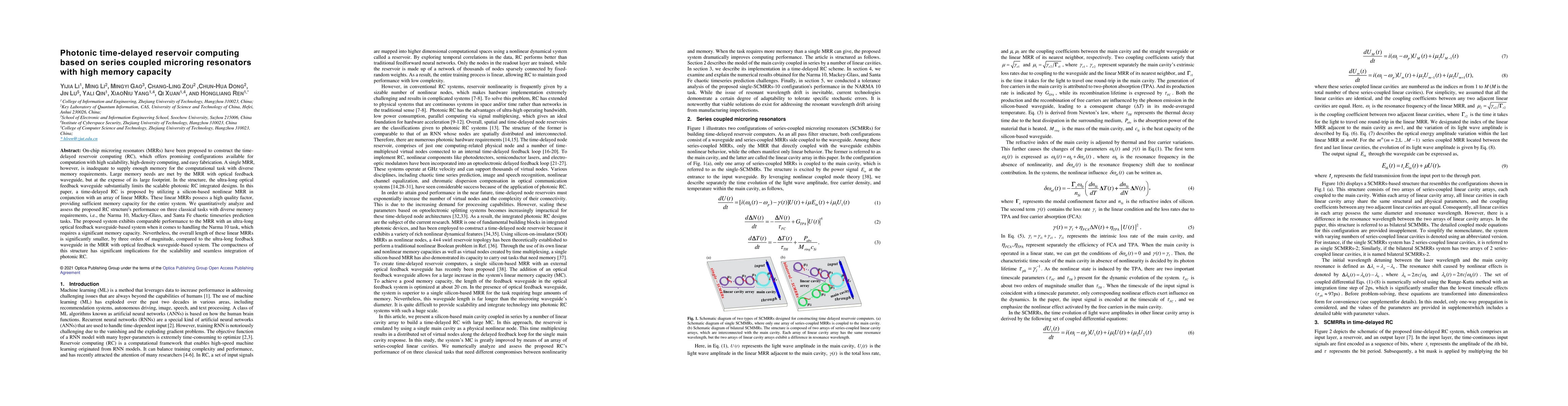 Thumbnail for Photonic time-delayed reservoir computing based on series coupled
  microring resonators with high memory capacity