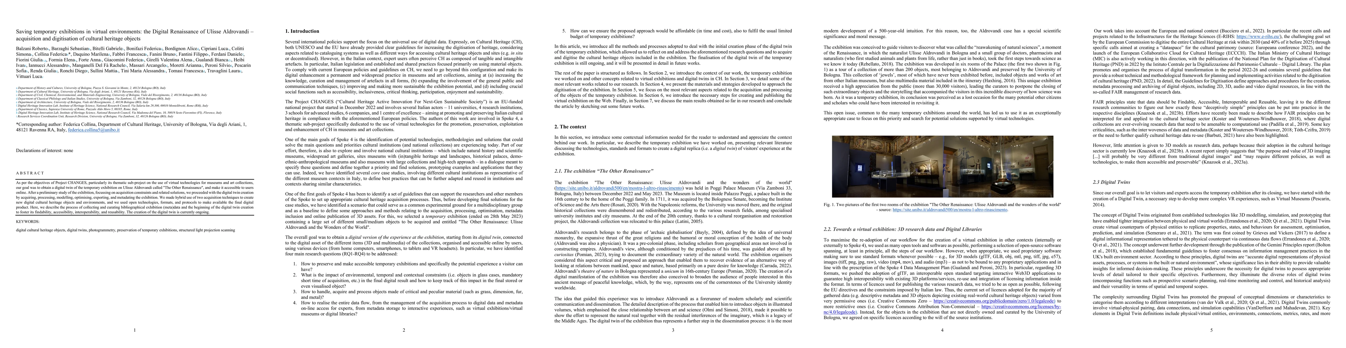 Thumbnail for Saving temporary exhibitions in virtual environments: the Digital
  Renaissance of Ulisse Aldrovandi -- acquisition and digitisation of cultural
  heritage objects
