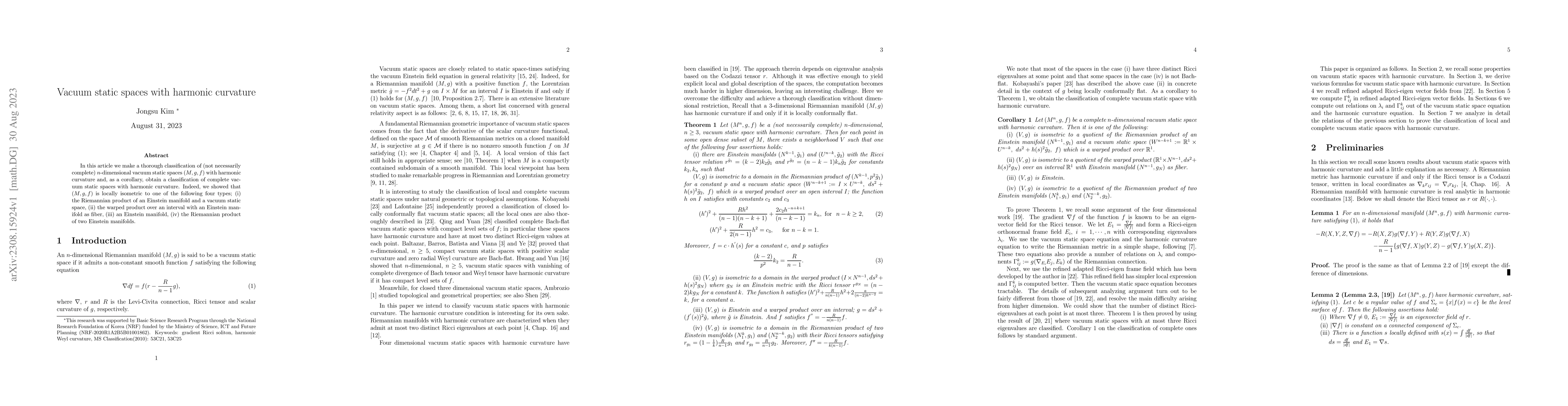 Thumbnail for Vacuum static spaces with harmonic curvature
