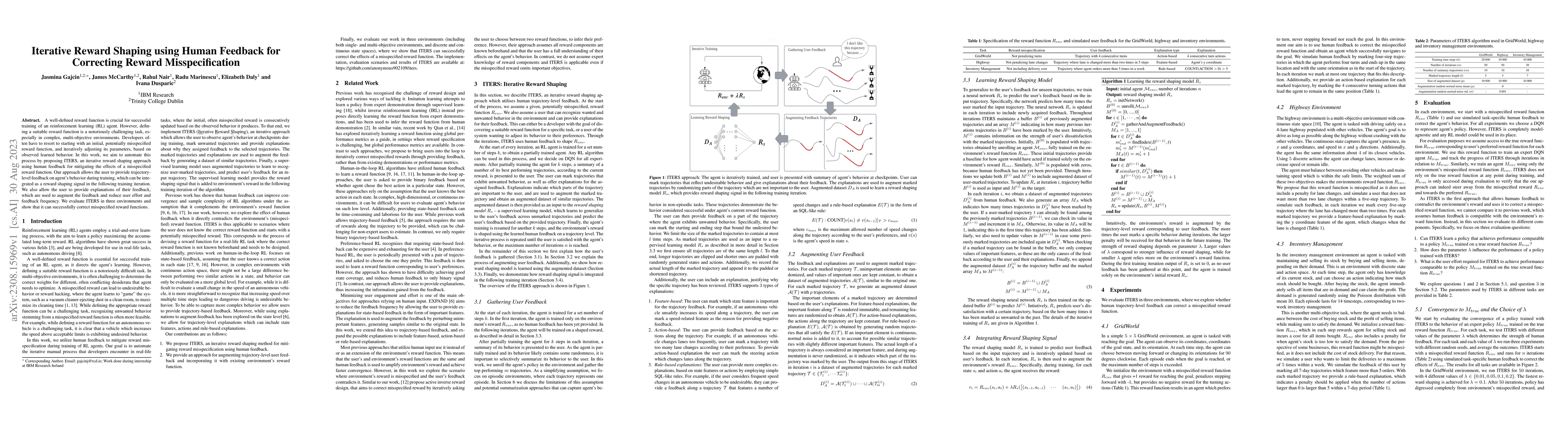 Thumbnail for Iterative Reward Shaping using Human Feedback for Correcting Reward
  Misspecification