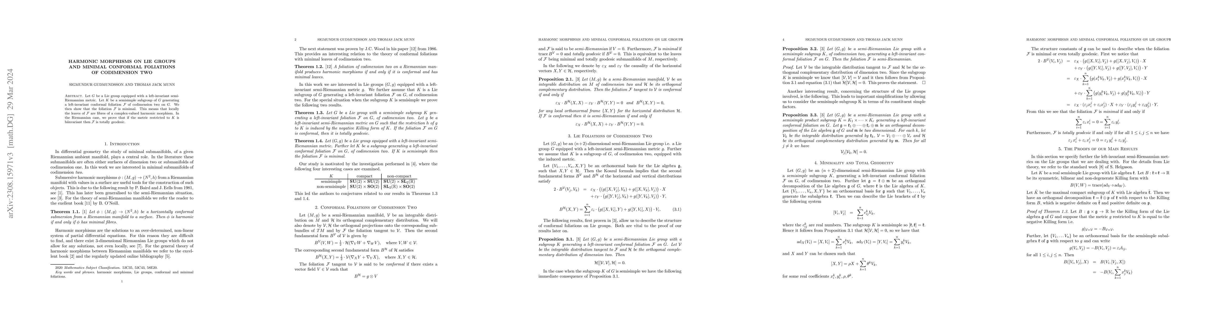 Thumbnail for Harmonic Morphisms on Lie groups and Minimal Conformal Foliations of
  Codimension two