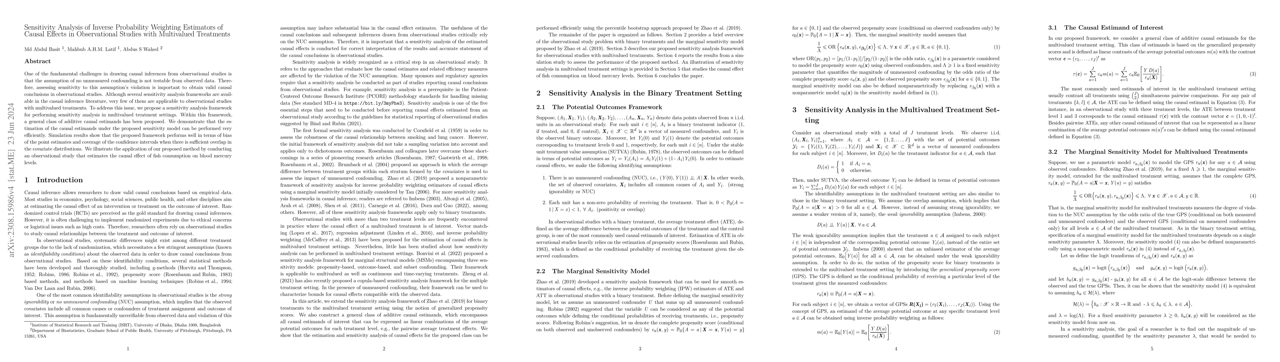 Thumbnail for Sensitivity Analysis of Inverse Probability Weighting Estimators of
  Causal Effects in Observational Studies with Multivalued Treatments