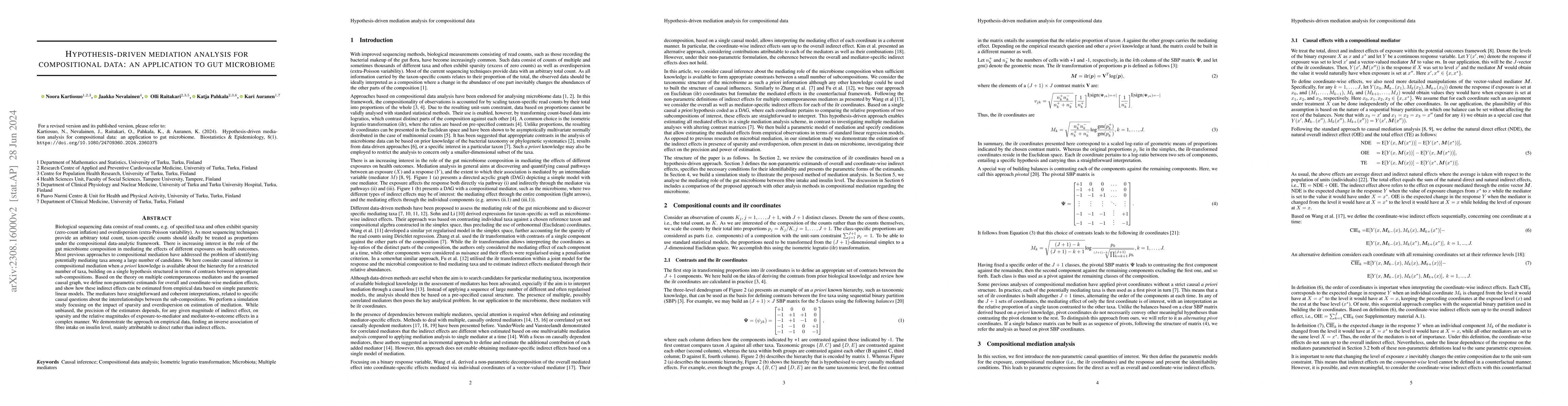 Thumbnail for Hypothesis-driven mediation analysis for compositional data: an
  application to gut microbiome