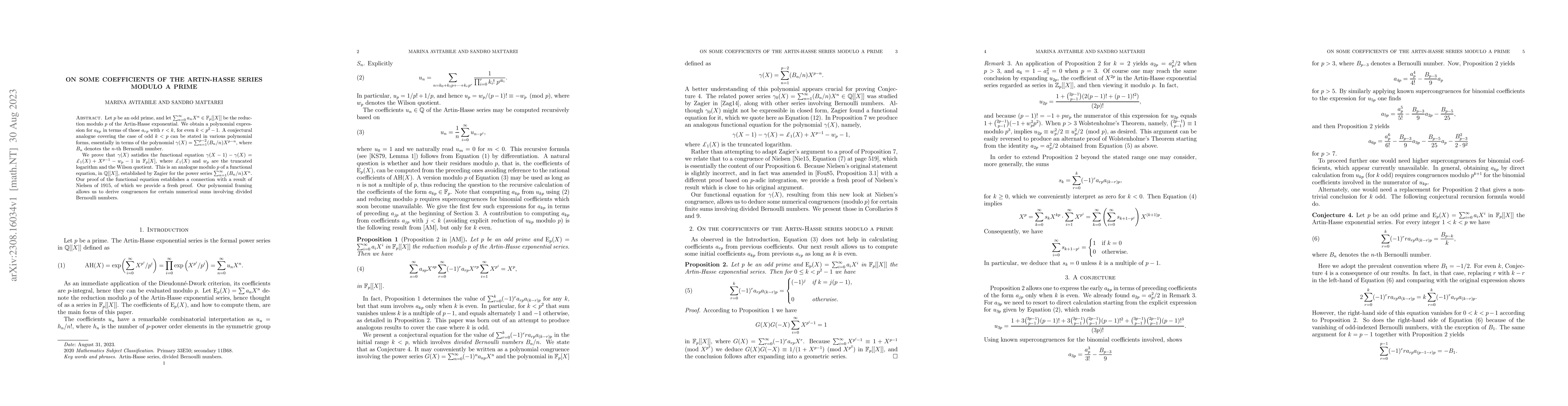 Thumbnail for On some coefficients of the Artin-Hasse series modulo a prime