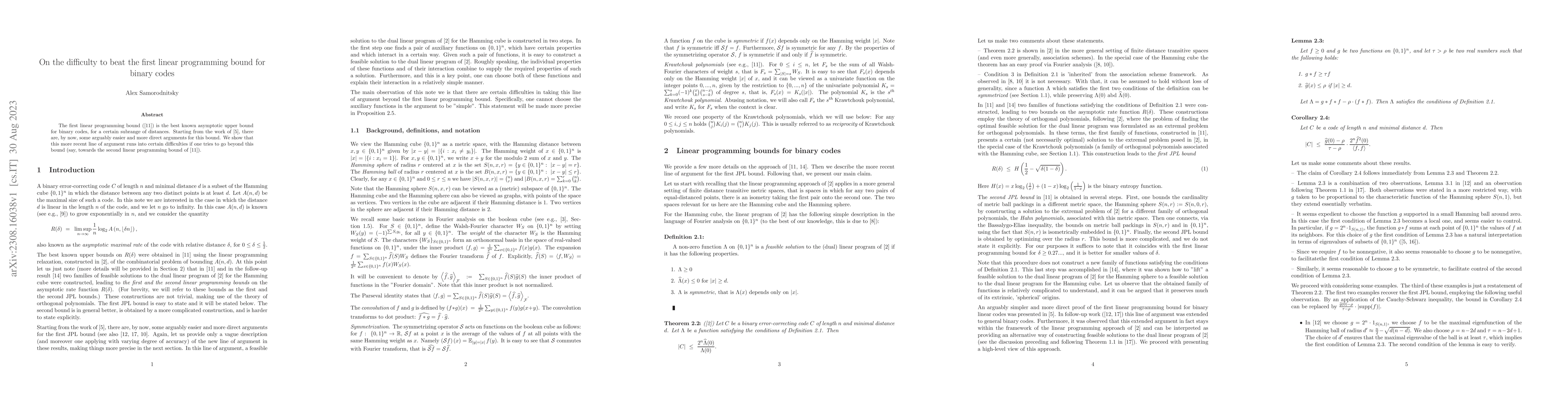 Thumbnail for On the difficulty to beat the first linear programming bound for binary
  codes