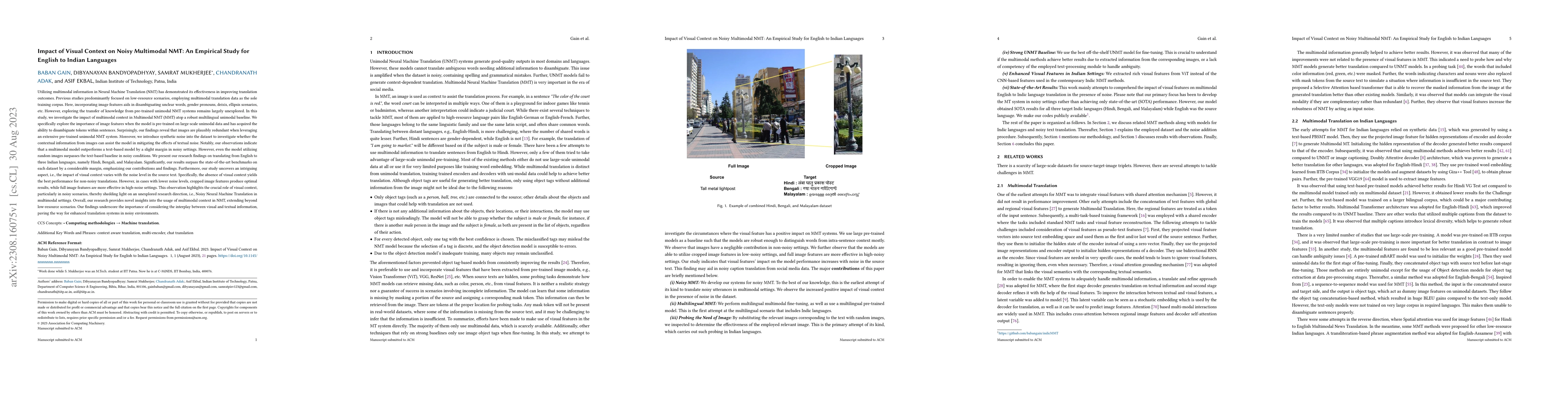 Thumbnail for Impact of Visual Context on Noisy Multimodal NMT: An Empirical Study for
  English to Indian Languages