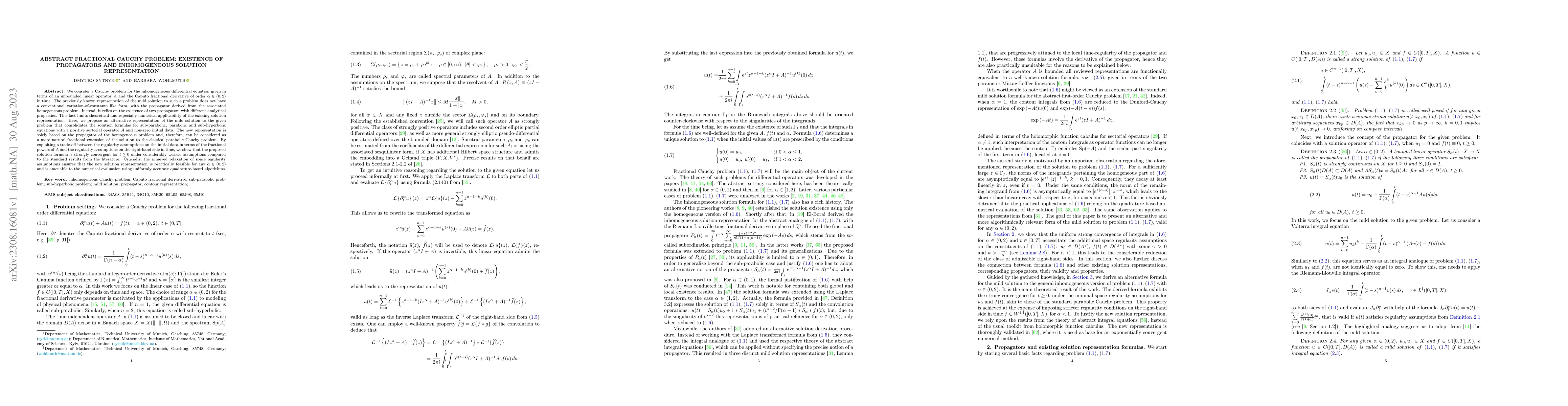 Thumbnail for Abstract Fractional Cauchy Problem: Existence of Propagators and
  Inhomogeneous Solution Representation