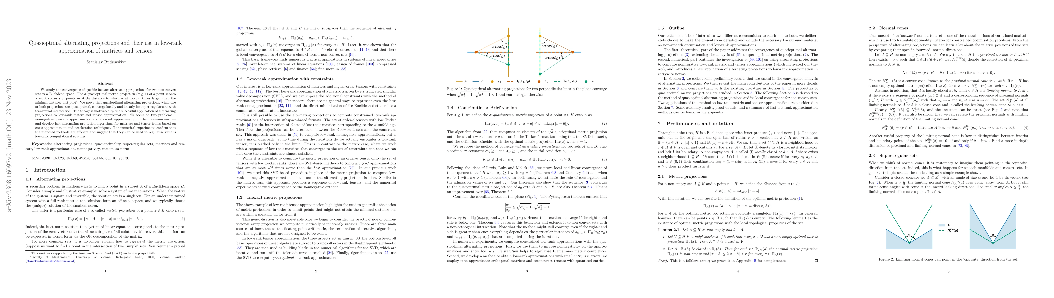 Thumbnail for Quasioptimal alternating projections and their use in low-rank
  approximation of matrices and tensors