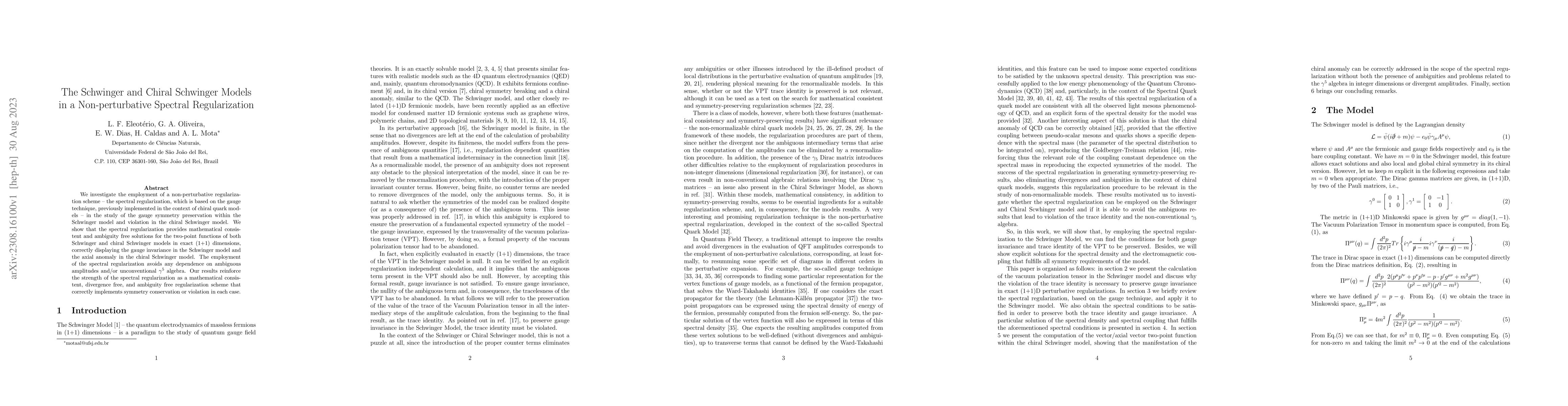 Thumbnail for The Schwinger and Chiral Schwinger Models in a Non-perturbative Spectral
  Regularization