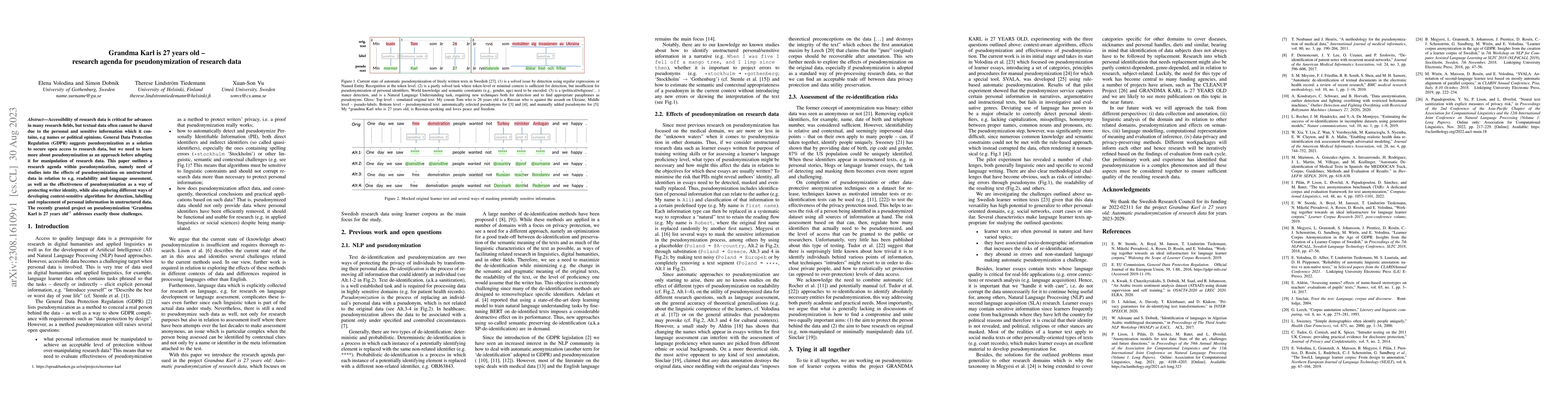Thumbnail for Grandma Karl is 27 years old -- research agenda for pseudonymization of
  research data