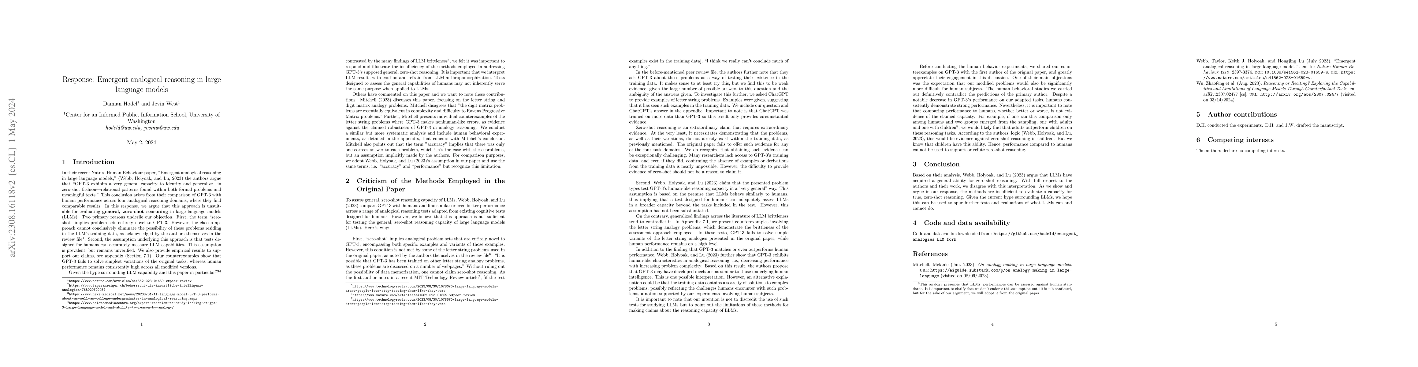 Thumbnail for Response: Emergent analogical reasoning in large language models