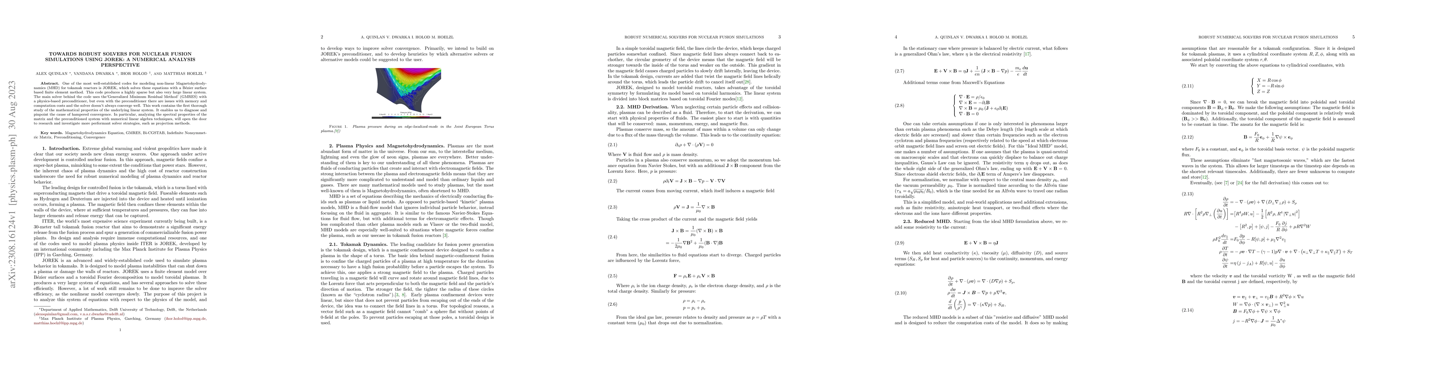 Thumbnail for Towards Robust Solvers for Nuclear Fusion Simulations Using JOREK: A
  Numerical Analysis Perspective