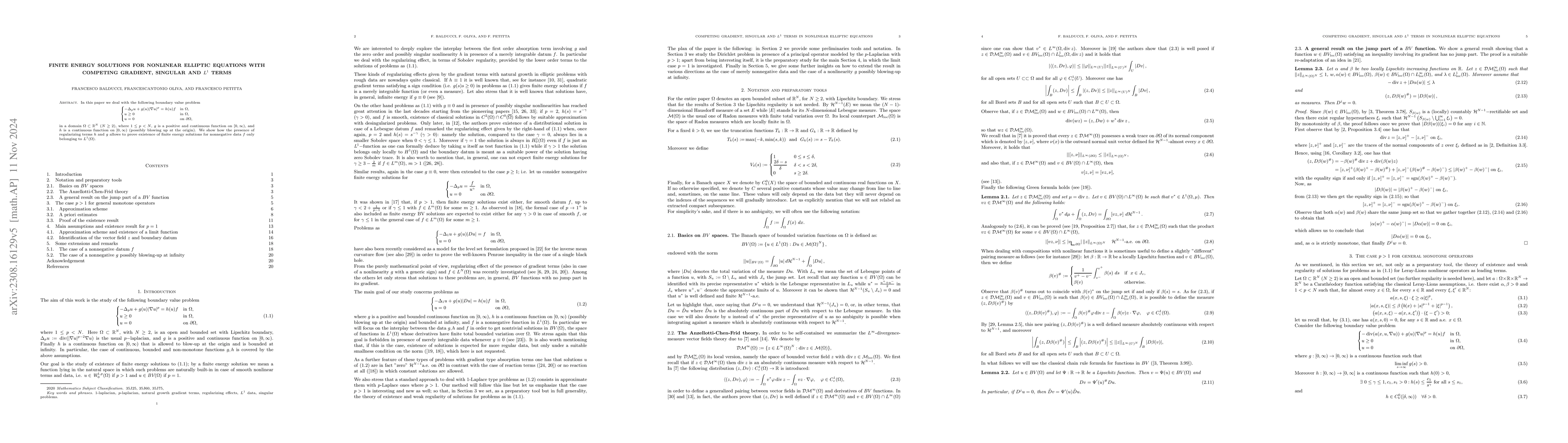 Thumbnail for Finite energy solutions for nonlinear elliptic equations with competing
  gradient, singular and $L^1$ terms