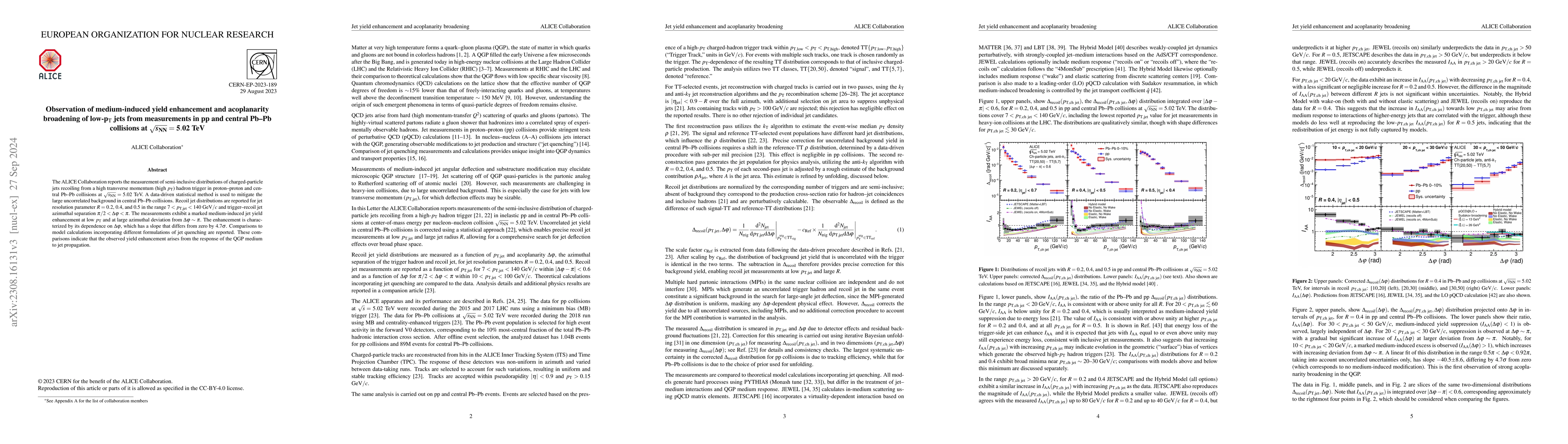 Thumbnail for Observation of medium-induced yield enhancement and acoplanarity
  broadening of low-$p_\mathrm{T}$ jets from measurements in pp and central
  Pb$-$Pb collisions at $\sqrt{s_{\rm NN}}=5.02$ TeV