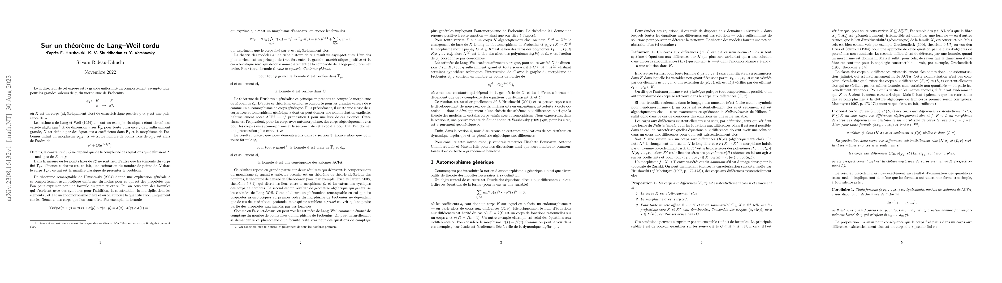 Thumbnail for Sur un th\'eor\`eme de Lang-Weil tordu, d'apr\`es E. Hrushovski, K. V.
  Shuddhodan et Y. Varshavsky