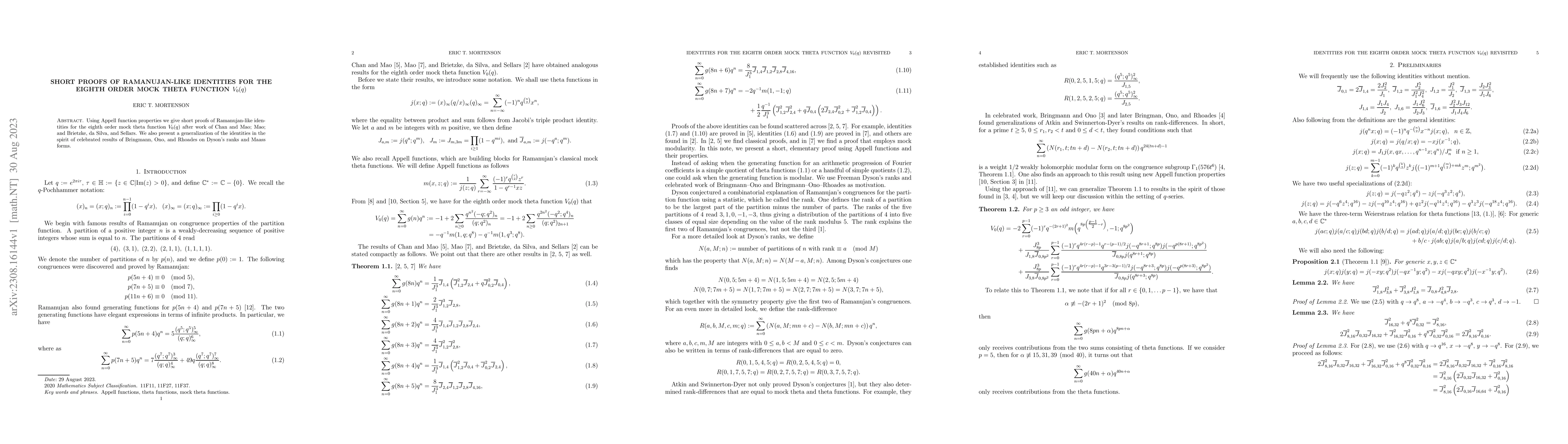 Thumbnail for Short proofs of Ramanujan-like identities for the eighth order mock
  theta function $V_{0}(q)$