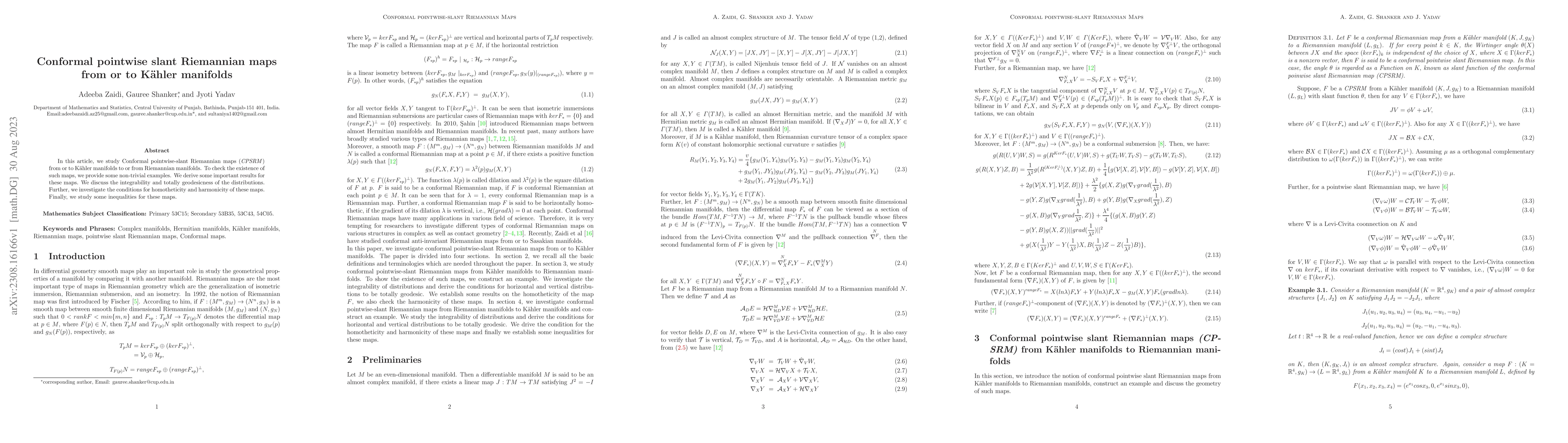 Thumbnail for Conformal pointwise slant Riemannian maps from or to K\"{a}hler
  manifolds