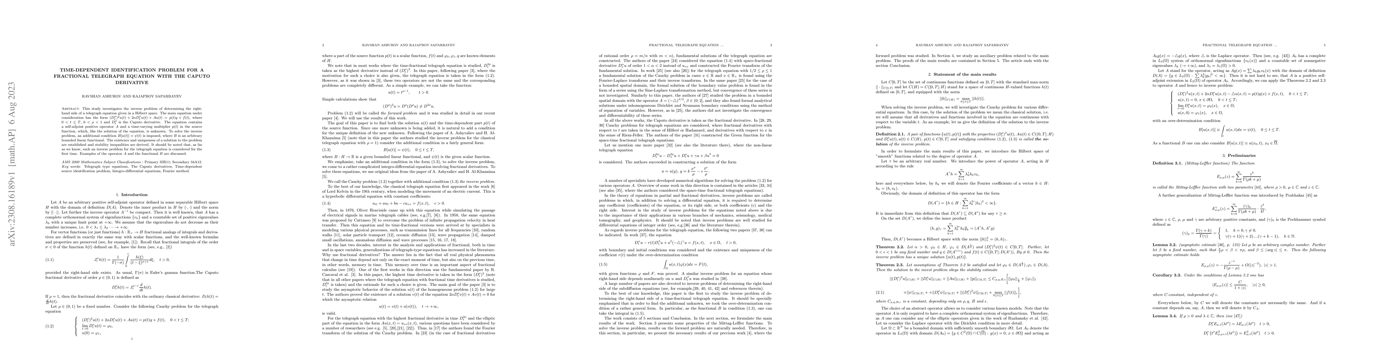 Thumbnail for Time-dependent identification problem for a fractional Telegraph
  equation with the Caputo derivative