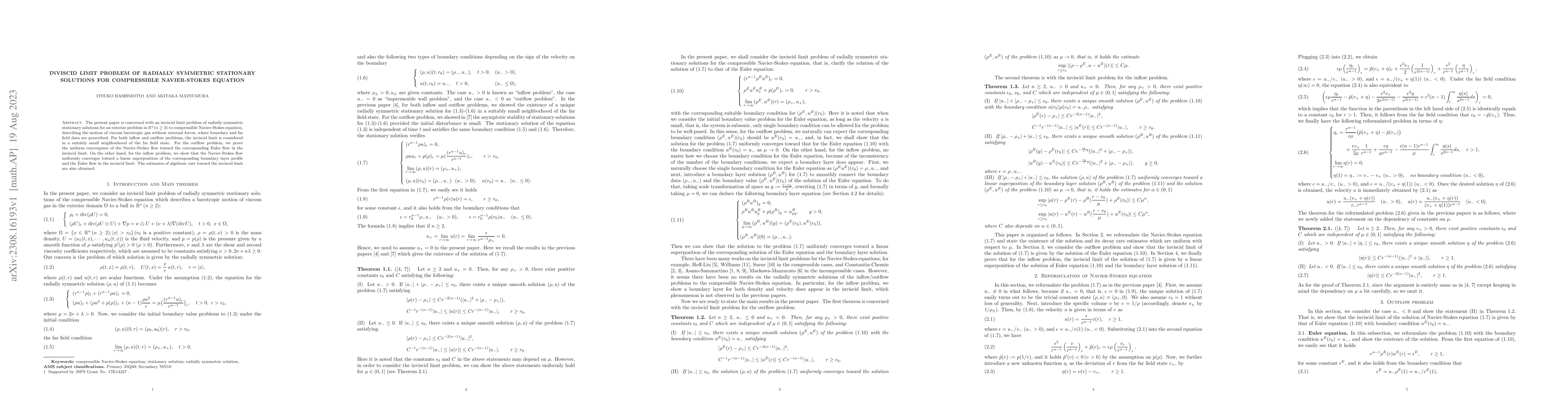 Thumbnail for Inviscid Limit Problem of radially symmetric stationary solutions for
  compressible Navier-Stokes equation