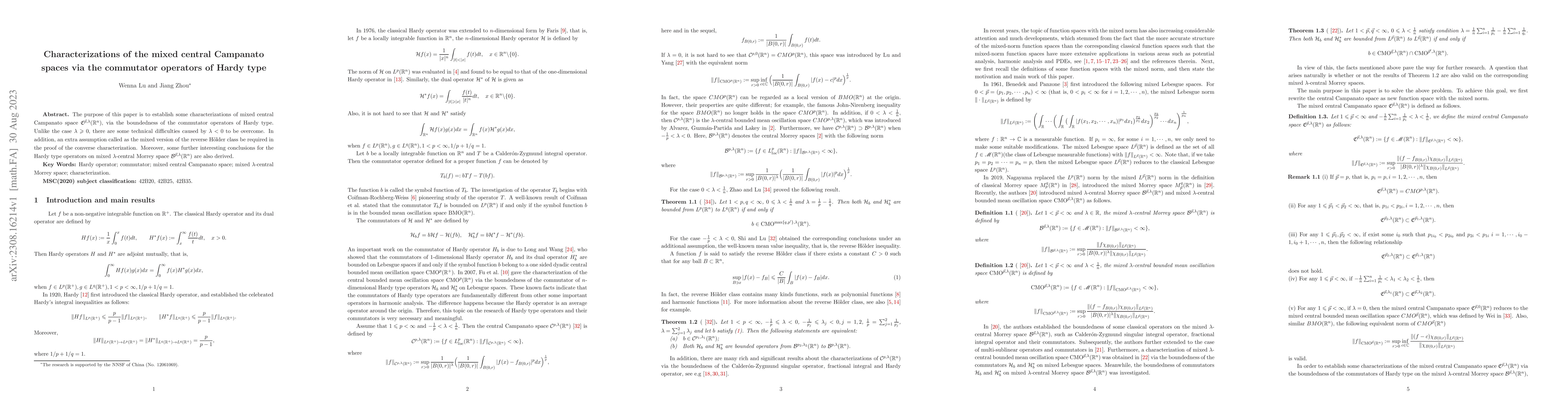 Thumbnail for Characterizations of the mixed central Campanato spaces via the
  commutator operators of Hardy type