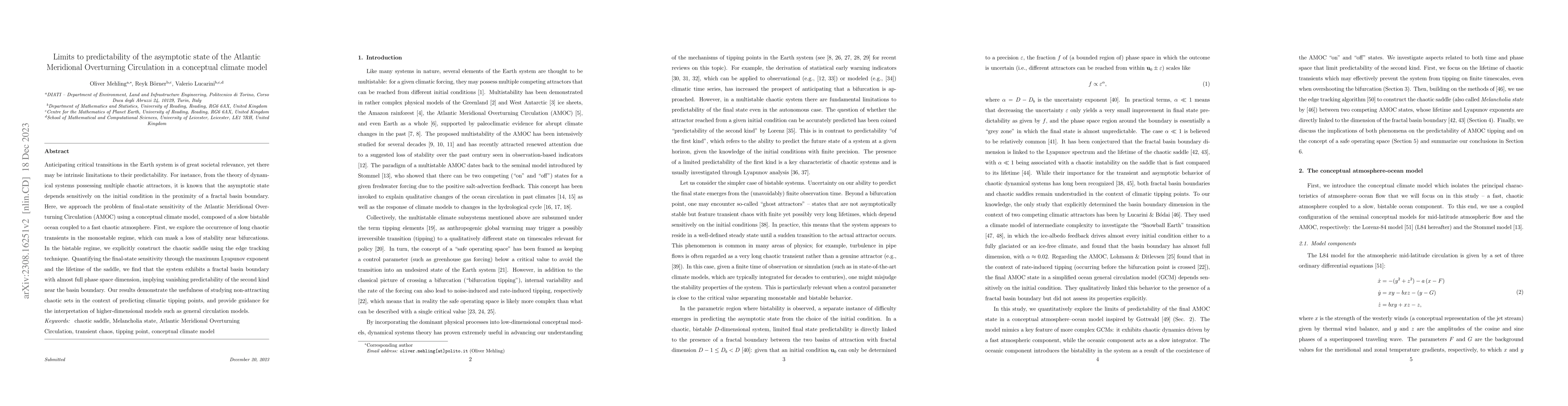 Thumbnail for Limits to predictability of the asymptotic state of the Atlantic
  Meridional Overturning Circulation in a conceptual climate model