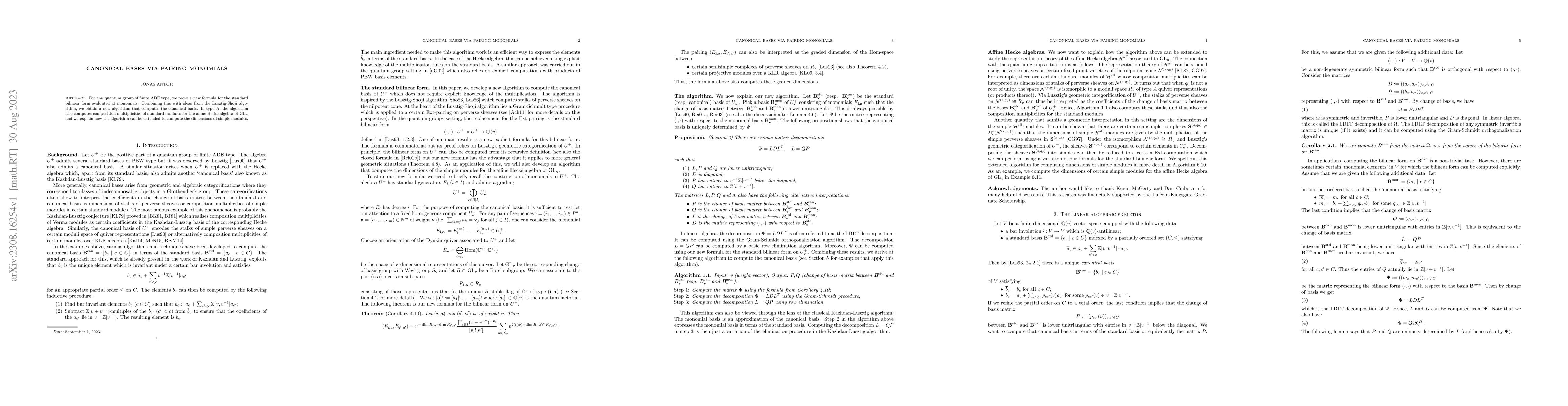 Thumbnail for Canonical bases via pairing monomials