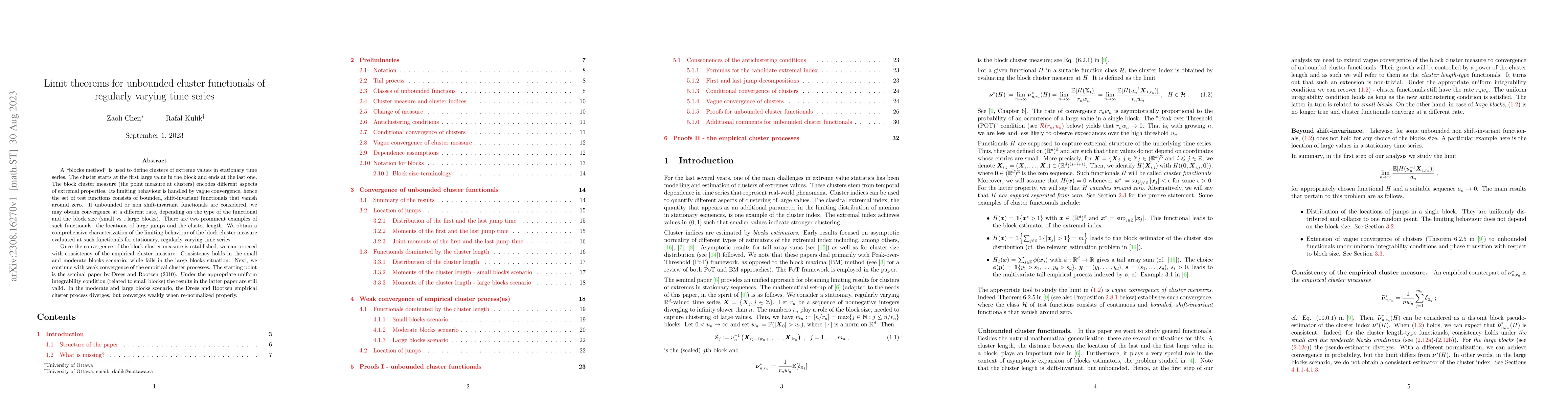 Thumbnail for Limit theorems for unbounded cluster functionals of regularly varying
  time series