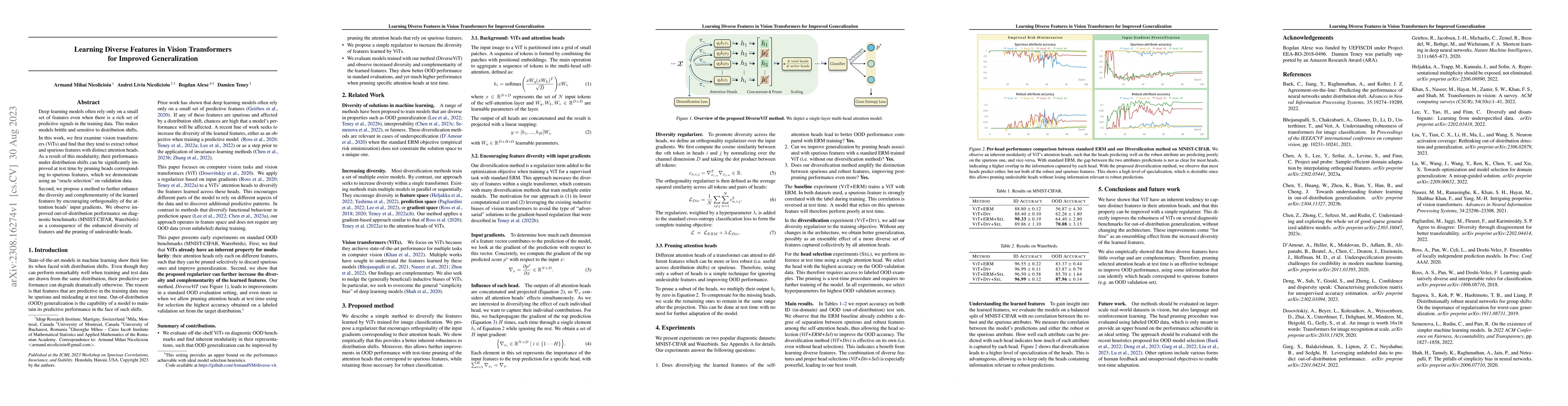 Thumbnail for Learning Diverse Features in Vision Transformers for Improved
  Generalization
