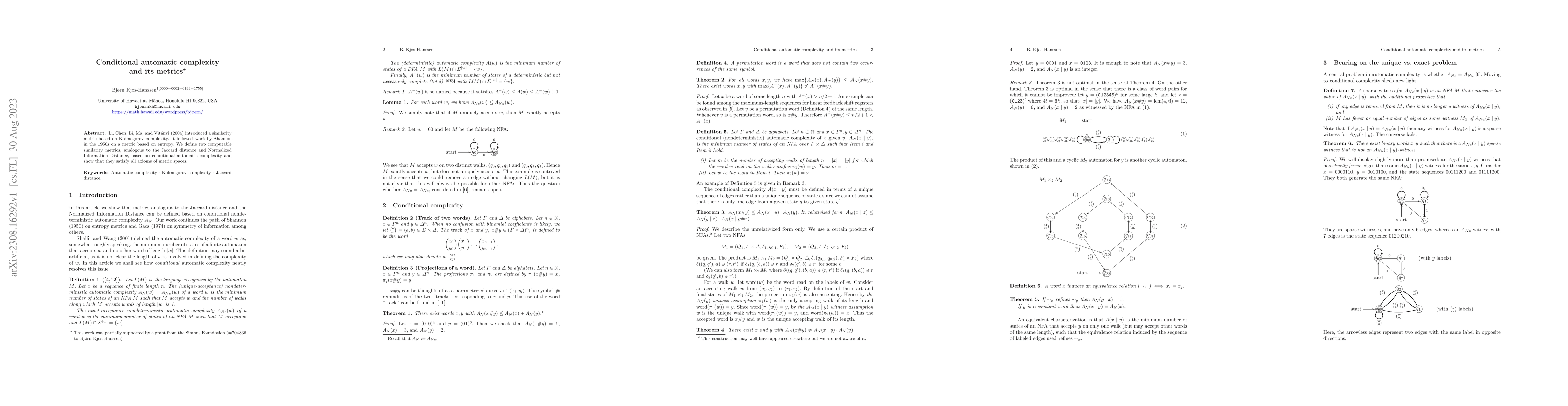 Thumbnail for Conditional automatic complexity and its metrics