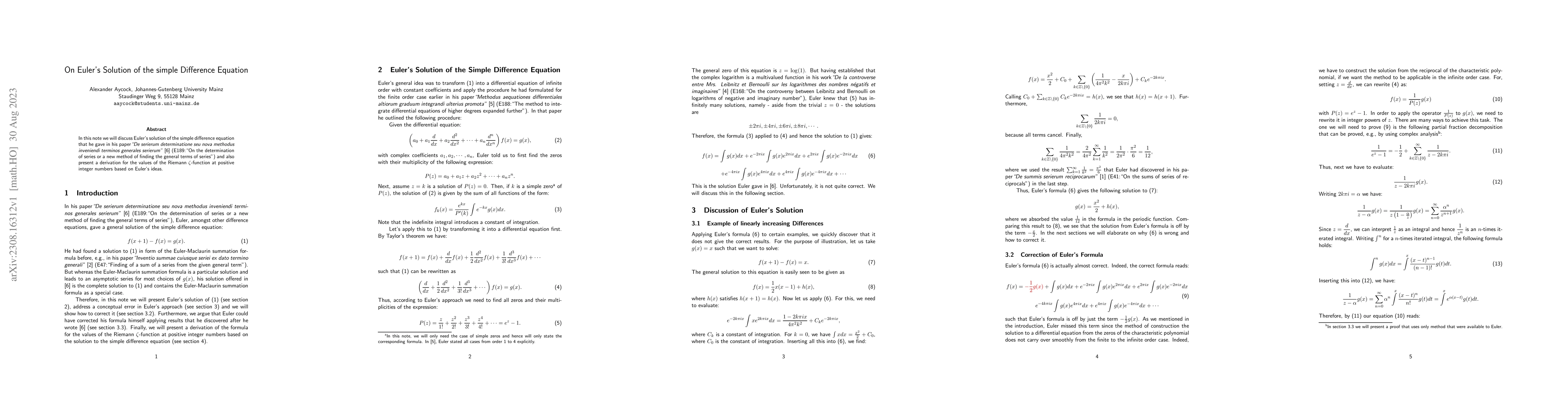 Thumbnail for On Euler's Solution of the simple Difference Equation
