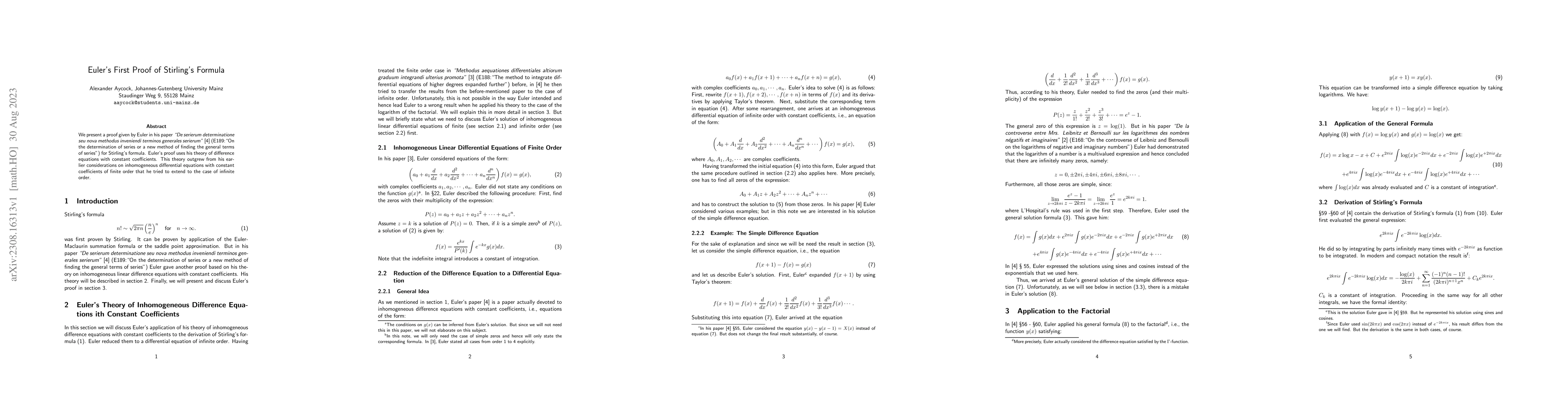 Thumbnail for Euler's First Proof of Stirling's Formula