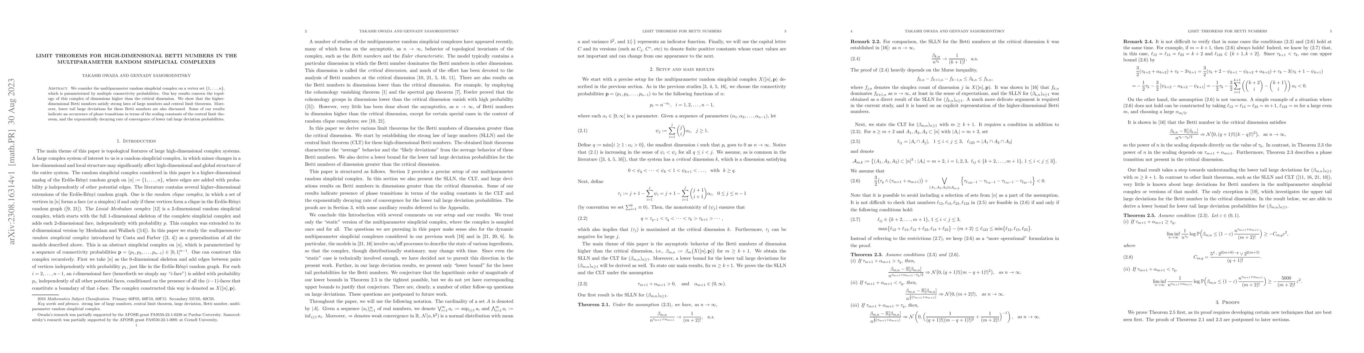 Thumbnail for Limit theorems for high-dimensional Betti numbers in the multiparameter
  random simplicial complexes