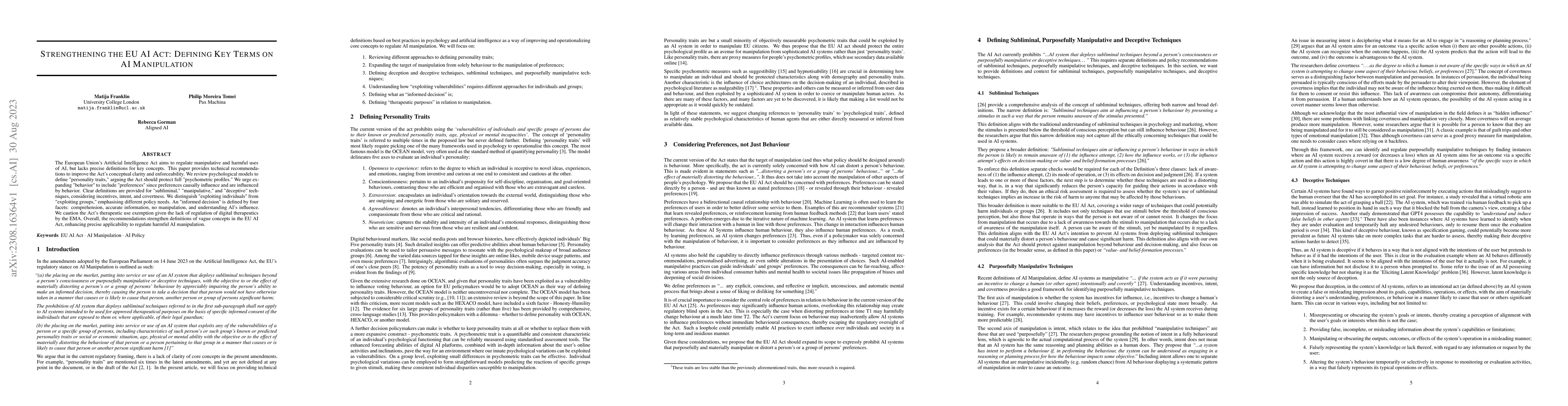 Thumbnail for Strengthening the EU AI Act: Defining Key Terms on AI Manipulation