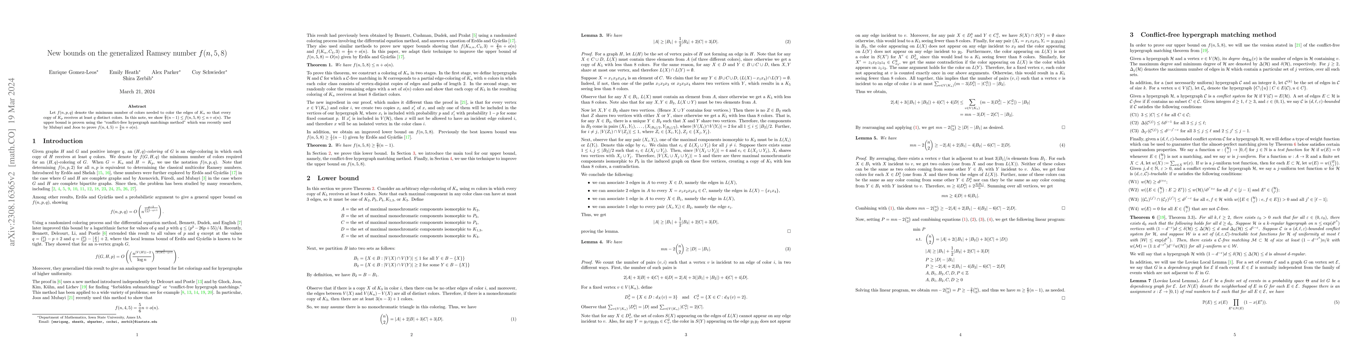 Thumbnail for New bounds on the generalized Ramsey number $f(n,5,8)$