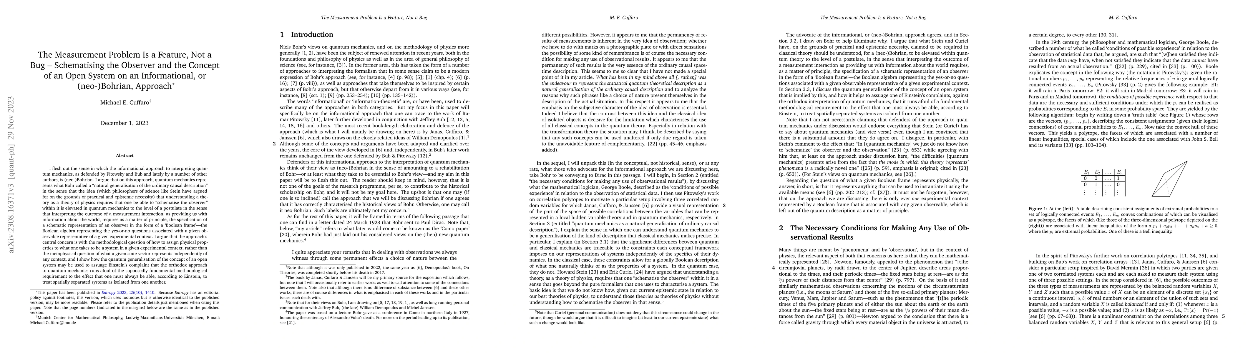 Thumbnail for The Measurement Problem Is a Feature, Not a Bug--Schematising the
  Observer and the Concept of an Open System on an Informational, or
  (Neo-)Bohrian, Approach