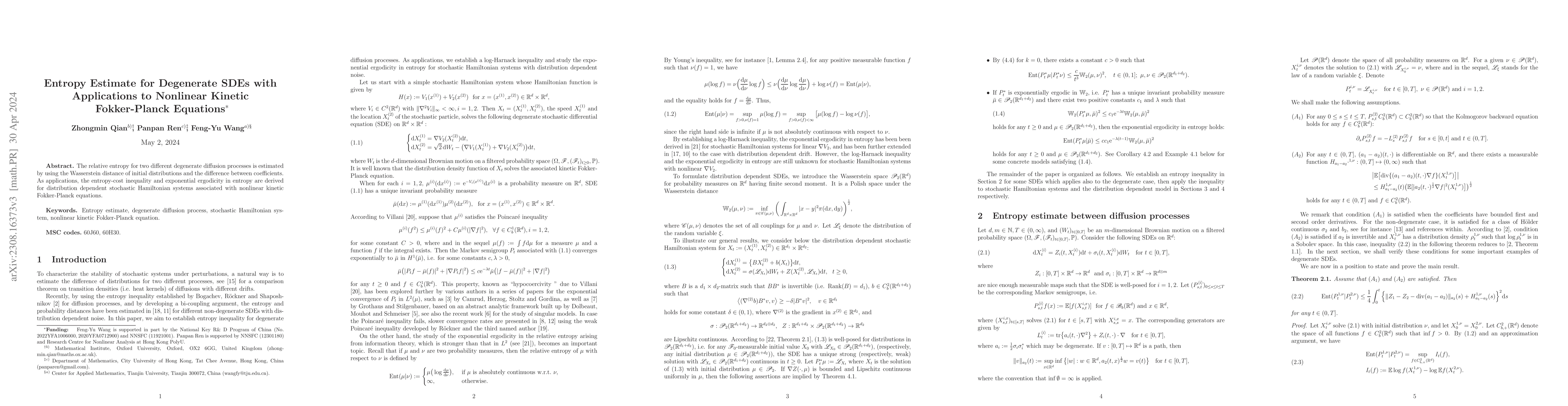 Thumbnail for Entropy Estimate for Degenerate SDEs with Applications to Nonlinear
  Kinetic Fokker-Planck Equations