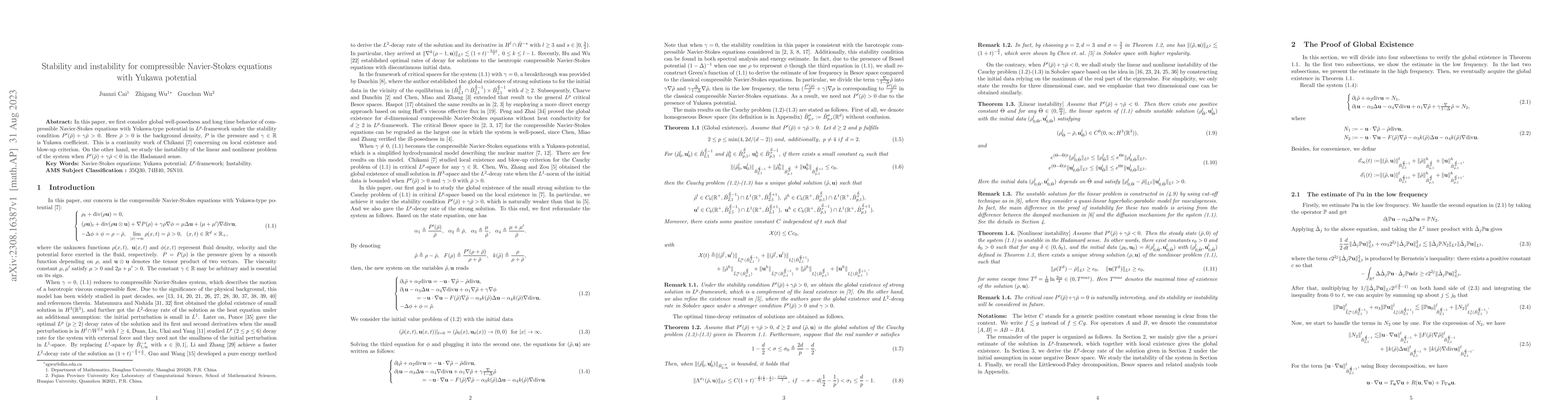 Thumbnail for Stability and instability for compressible Navier-Stokes equations with
  Yukawa potential