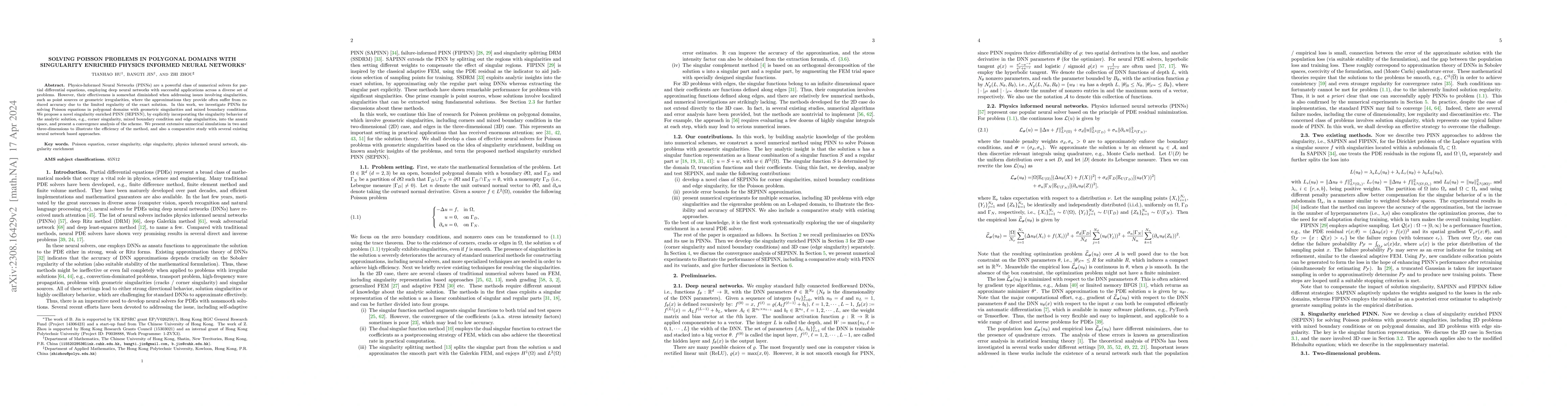 Thumbnail for Solving Poisson Problems in Polygonal Domains with Singularity Enriched
  Physics Informed Neural Networks