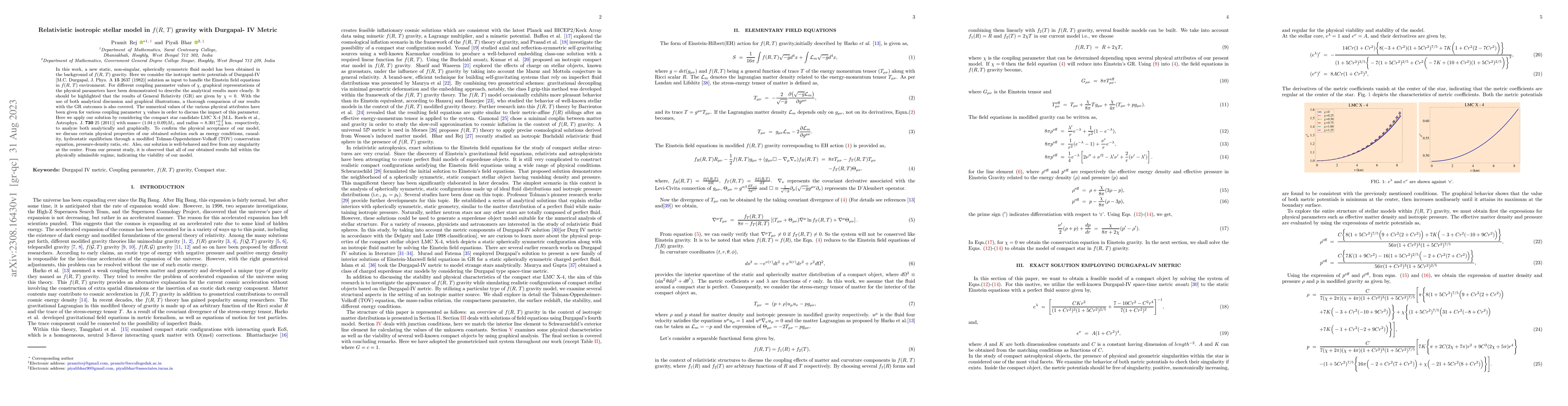 Thumbnail for Relativistic isotropic stellar model in $f(R,\,T)$ gravity with
  Durgapal- IV Metric