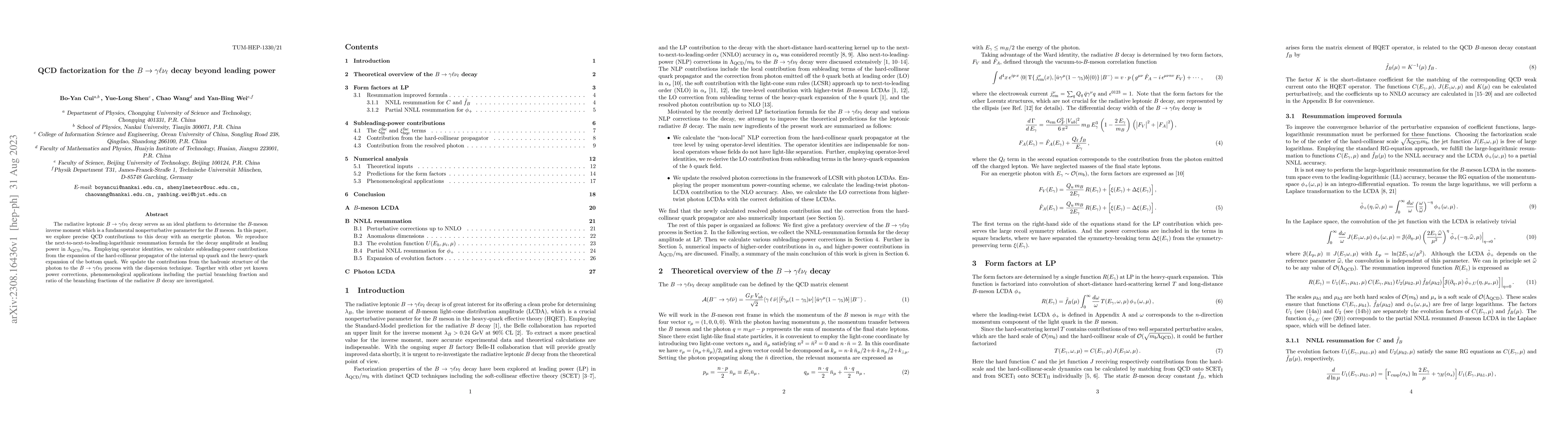 Thumbnail for QCD factorization for the $B\to \gamma\ell\nu_{\ell}$ decay beyond
  leading power