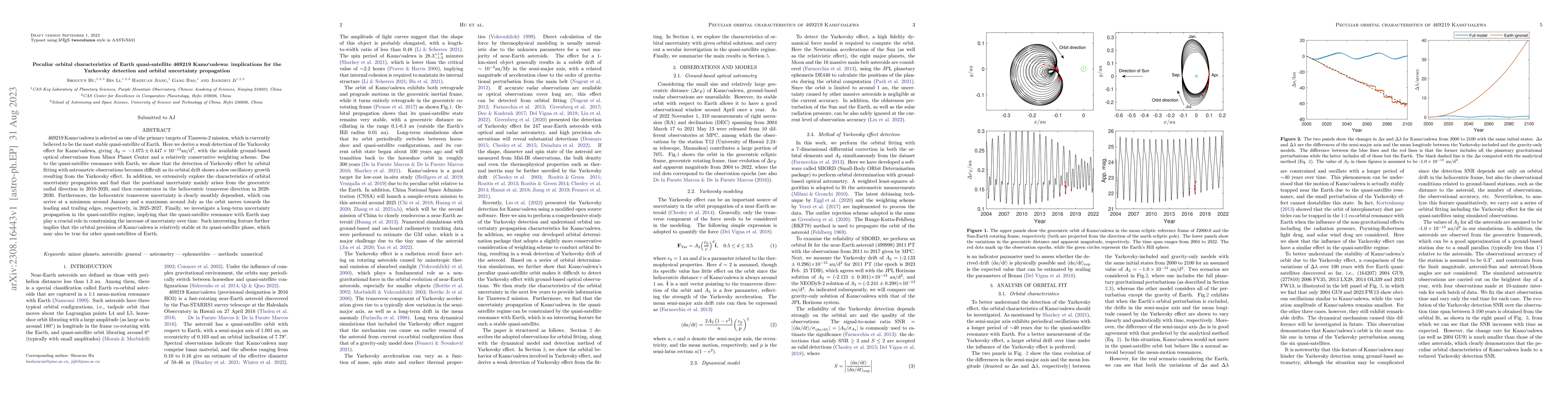 Thumbnail for Peculiar orbital characteristics of Earth quasi-satellite 469219
  Kamo`oalewa: implications for the Yarkovsky detection and orbital uncertainty
  propagation
