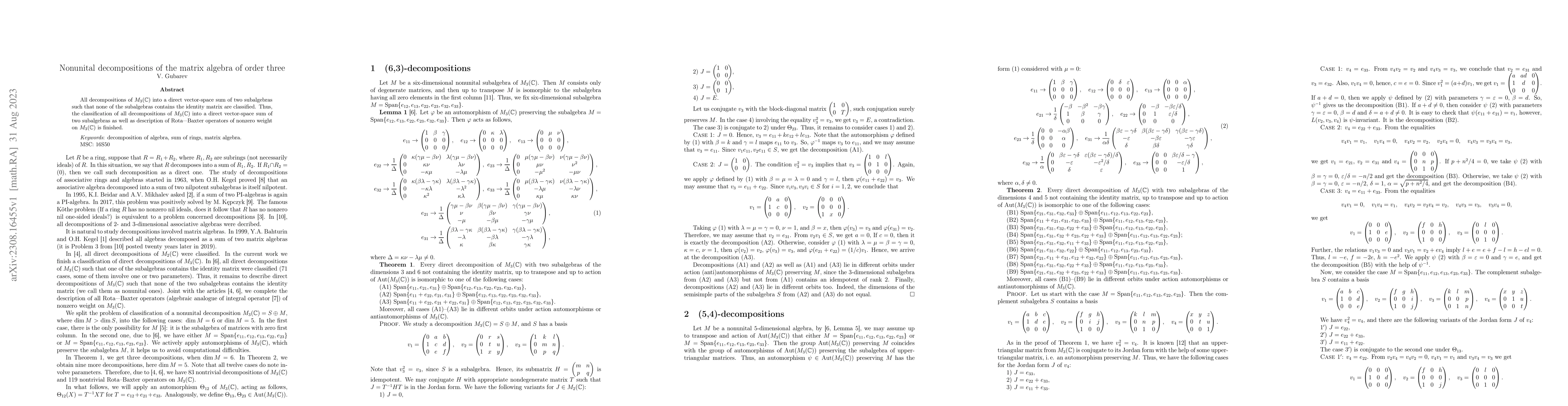 Thumbnail for Nonunital decompositions of the matrix algebra of order three