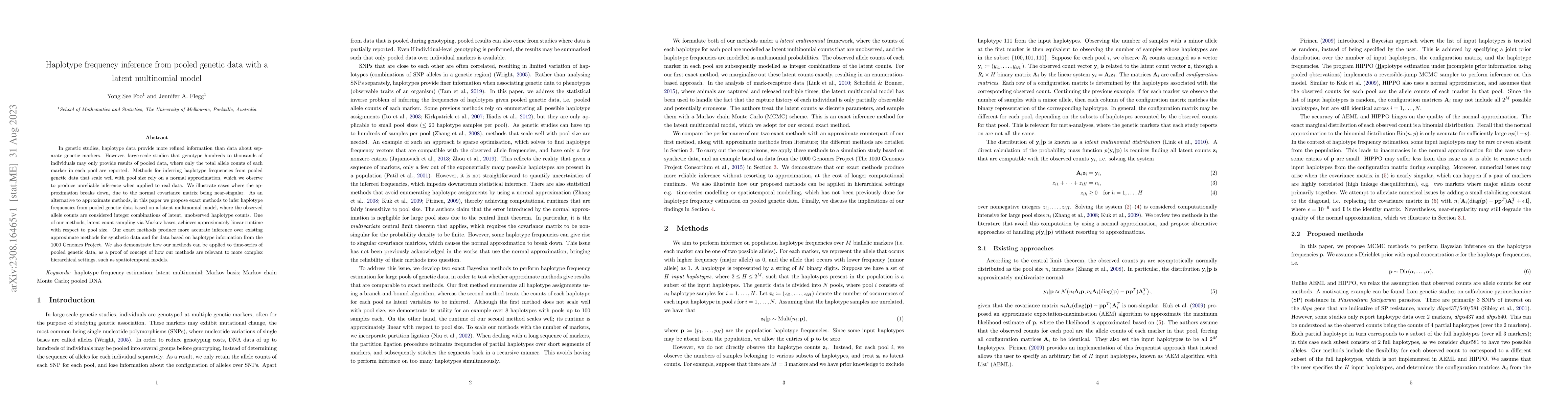 Thumbnail for Haplotype frequency inference from pooled genetic data with a latent
  multinomial model