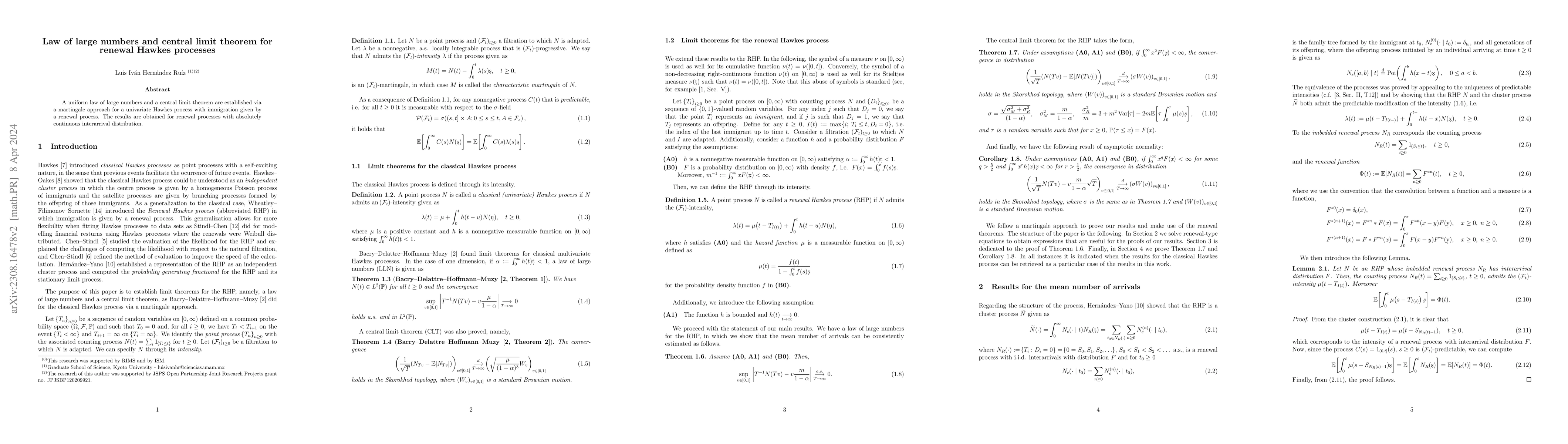 Thumbnail for Law of large numbers and central limit theorem for renewal Hawkes
  processes